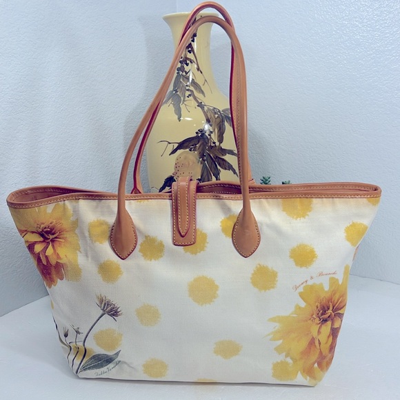 🦆 DOONEY & BOURKE YELLOW FLORAL DAHLIA VARIABILIS SHOPPER TOTE CANVAS LEATHER - Picture 2 of 10